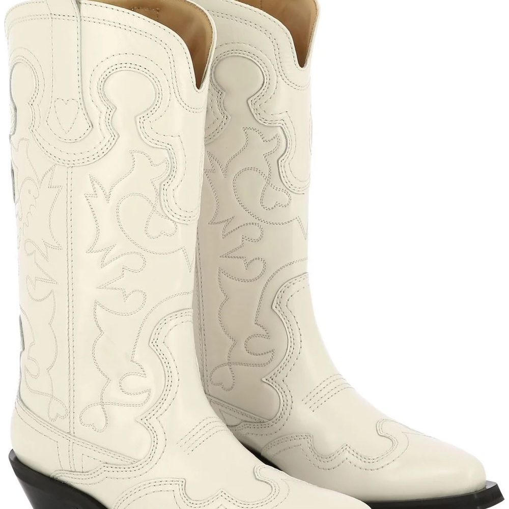 Ganni Ivory Leather Embroidered Western Cowboy Boots
